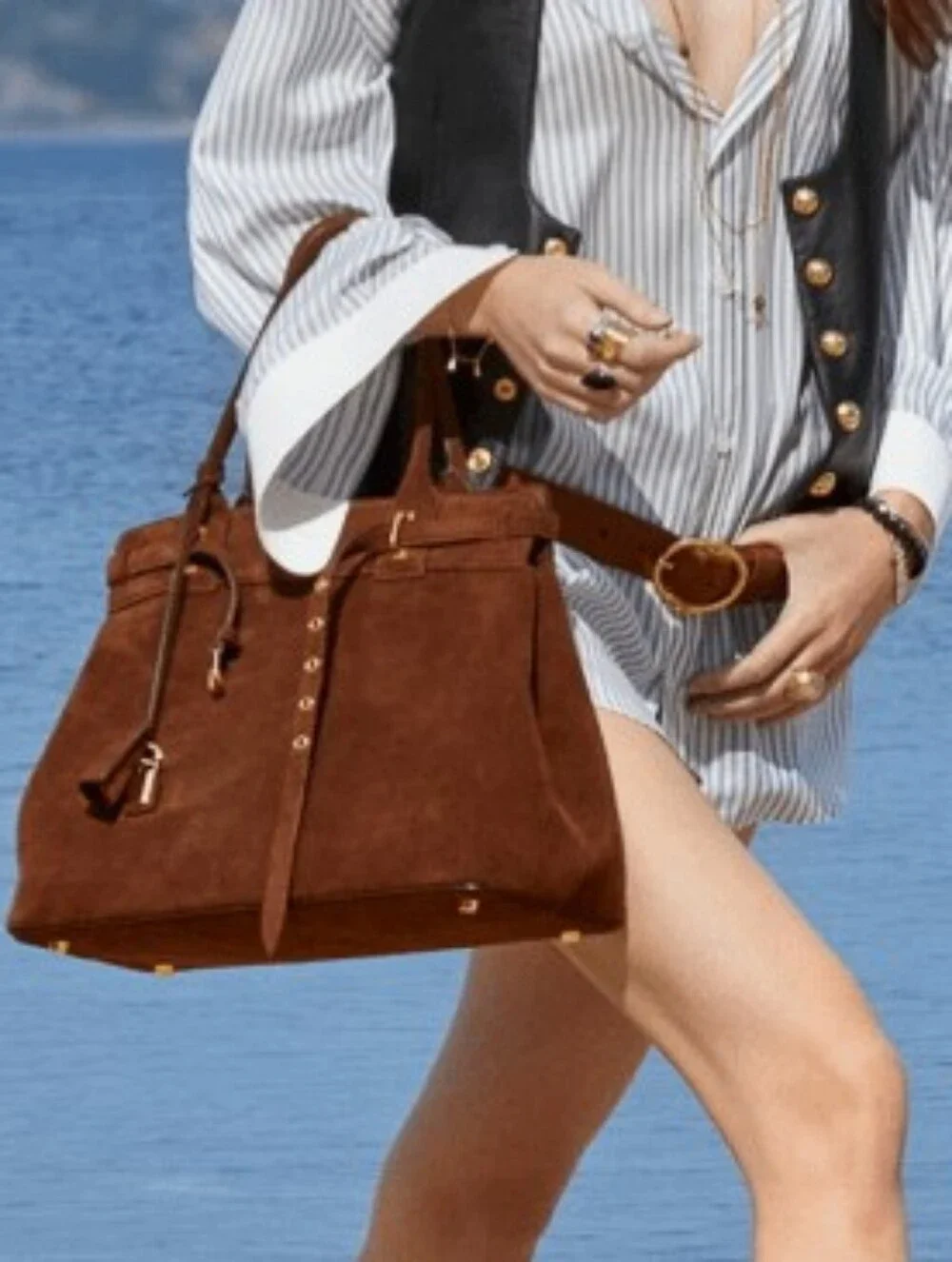 CELINE Conti Suede Leather Satchel Brown bag